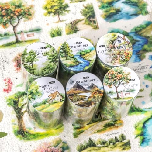 Alideco 6pcs Decorative Adhesive Tapes Vintage Tree Landscape PET Tape Great for Bullet Journal Supplies, Arts, Scrapbook, DIY Crafts, Planners (yikeshudefengjing)