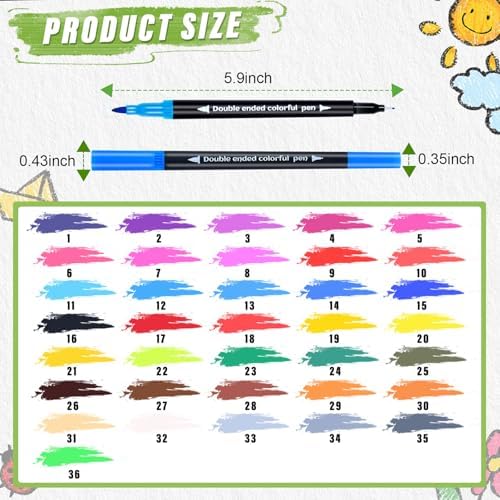 36 Colors Brush & Fine Dual Tip Art Markers Set for Adult Kids Coloring, Dual Tip Colored Pens Markers Quick Drying Without Fading ,Water Based Marker for Painting,Calligraphy, Doodling Journal