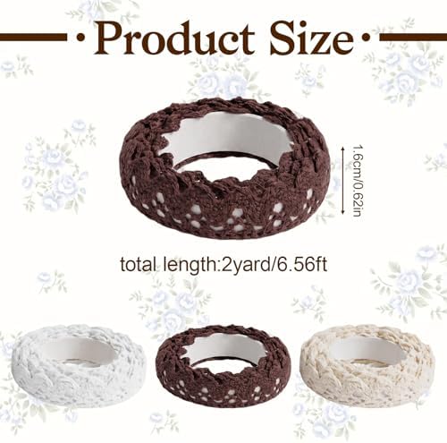 Skrfren 3 Rolls Self-Adhesive Lace Tape, Cotton Washi Trim Stickers, 1.6cm Wide 2 Yards per Roll, Decorative Lace Ribbon for DIY Crafts Scrapbooking Card Making Gift Wrapping (Beige, White, Coffee)