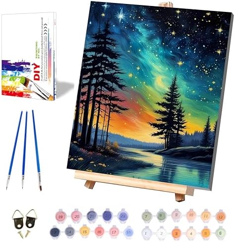 Starry Sky Paint by Numbers for Adults with Framed Canvas - Wooden Easel