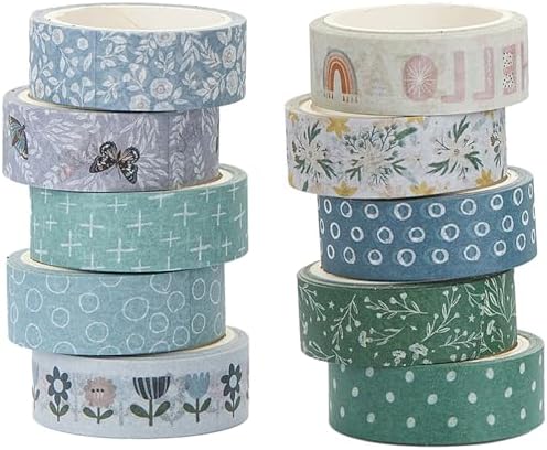 Boho Washi Tape Set 10 Rolls Cute Masking Graphic Floral Pattern Decorative Tapes for Arts, DIY Crafts, Journals, Planners, Scrapbook, Wrapping (Cool)