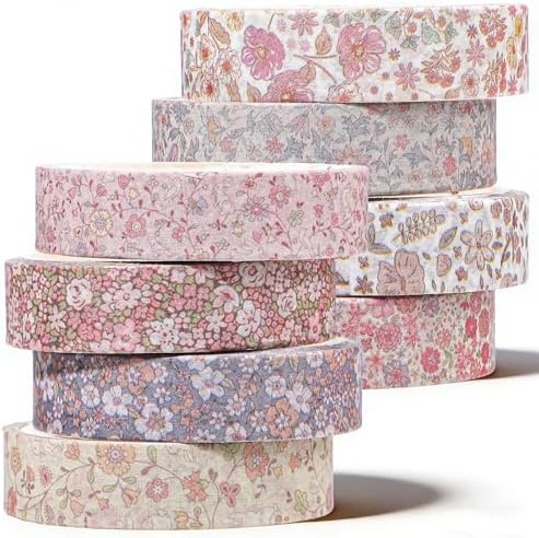 8 Rolls Flowers Arts Adhesive Tapes,Sakura Washi Tape Charming Vintage Washi Tape Bible Set Thin Retro Decorative Masking Tapes for Journals Scrapbooking DIY Crafts Planners Gift (Floral)