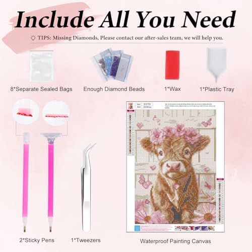 Yezavesu Highland Cow Diamond Art Kits for Adults Beginners 12x16 Inch | Cute Pink Cow Diamond Painting Kit, DIY 5D Full Round Drill Gem Art, Stress Relief Craft Kits, Home Wall Decor Gift
