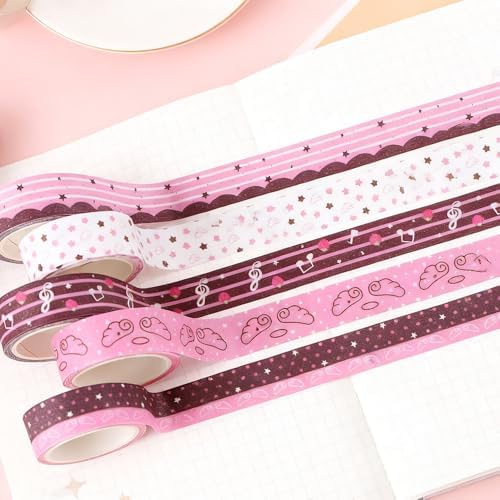5Rolls Pink Strawberry Musical Note Glitter Washi Tape Set Decorative Star Masking Tapes Bulk Cute Washi Sticker for Journaling Kawaii Sparkling Scrapbook Tape Supplies for Craft Scrapbooking Journal