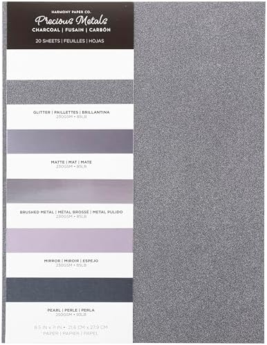 Shimmer Cardstock Paper 8.5 x 11- Assorted Glitter, Metallic, and Pearl Sheets for Crafts, Scrapbooking, Card Making - 20 Pack, 85lb Heavyweight, 230 GSM, Charcoal