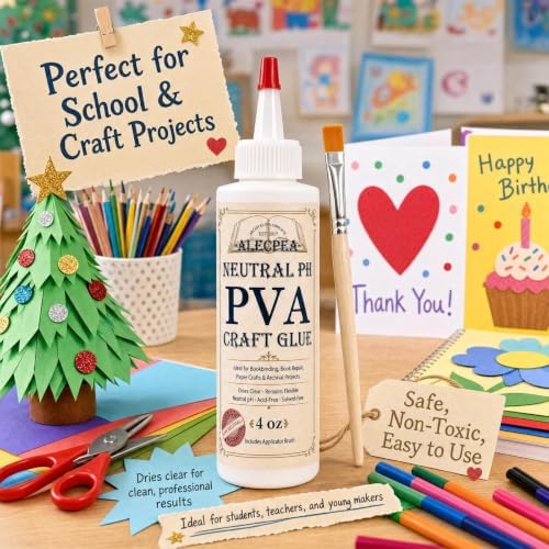 ALECPEA PVA Glue 4 oz for Crafts and Paper Projects | Water-based white glue dries clear and includes a brush for paper, cardboard, fabric, foam, felt, and light wood