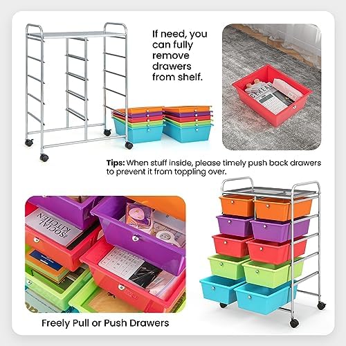 Giantex 10 Drawers Rolling Cart, Classroom Organizers, Storage Cart with Wheels, for Teacher Office Home School Supplies Tool Craft Art Paper, Rainbow Color