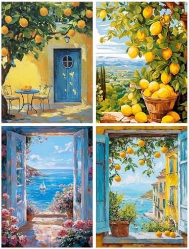 Clendo 4 Packs Summer Scene Paint by Numbers Kits for Adults, DIY Lemon Tree Adult Paint by Number Kits on Canvas, Digital Oil Number Painting for Home Decor (12x16 Inch)