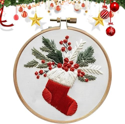RUIQLXHANG Christmas Embroidery Kit, Christmas Gnomes Embroidery Kits for Beginners with Pattern, Cotton Threads, Needles, Instruction, 20cm Hoop, Gift for Mom, Grandma (Stocking Stuffer)