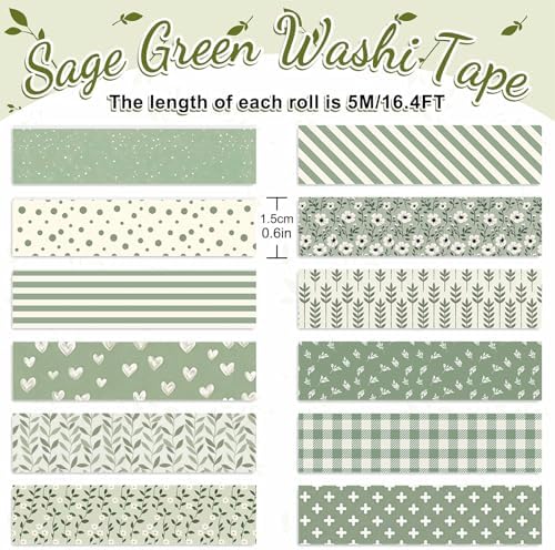Whaline 12 Rolls Sage Green Floral Washi Tape Masking Tape Set Flower Leaves Plaid Striped Decorative Wrapping Paper Tapes Boxed for Wedding Scrapbook Journal DIY Crafts
