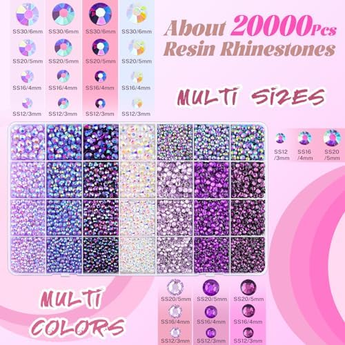 20000Pcs Purple Rhinestones for Bedazzling with B7000 Jewelry Glue, Resin Rhinestones for Crafting Crafts DIY, Bedazzler Kit Gems for Clothing Shoes Tumblers Fabric Nail Art Assorted Size 3/4/5/6mm