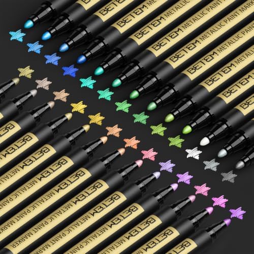Betem Metallic Paint Markers, 26 Colors Acrylic Metallic Markers for Black Paper, 2mm Medium Tip Glitter Pens Scrapbooking Supplies, Teacher Appreciation Gift, Rock, Photo Albums, Card Making Kit