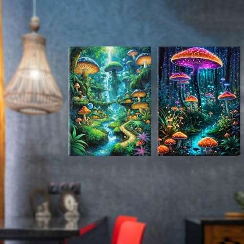 Lovepefe Mushroom Paint by Numbers Kit for Adults and Kids Beginner 2 Pack Mushrooms Forest Adult Paint by Number Kits On Canvas DIY Oil Painting Kits for Gift Wall Decor 12x16 Inch