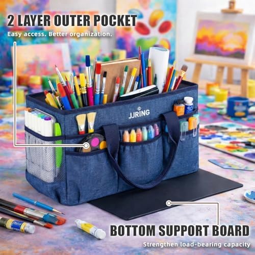 JJRING Large Art Supply Storage Tote Bag With Mesh Pockets, Blue