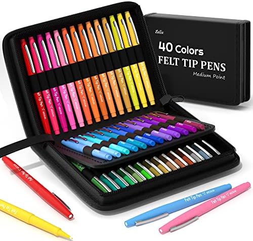 Lelix Felt Tip Pens, 40 Colored Pens with Case, Medium Point, Felt Tip Markers Pens for Journaling, Writing,Drawing, Note Taking, Planner, Perfect for Art Office and School Supplies