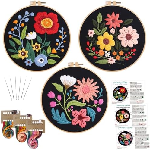 Louise Maelys 3 Pack Floral Embroidery Kit for Beginners with Hoop Threads