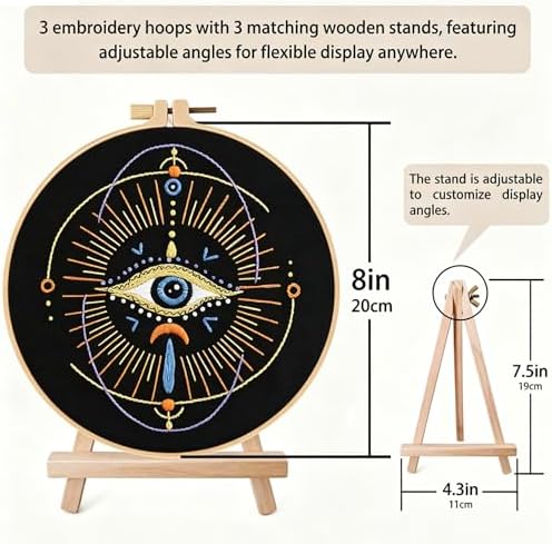 Qupace 3 Pcs Black Evil Eye Embroidery Kits for Beginners Adults,Stamped Cross Stitch Craft Set with 3 Embroidery Hoops & Finished Stands, Mystical Boho Eye Pattern Needlework Kit