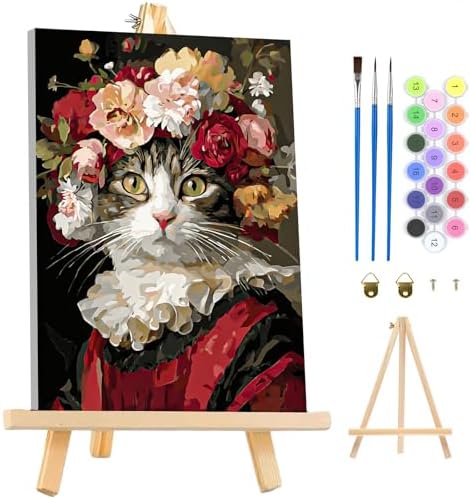 MAXBYE Framed Paint by Numbers Kits for Adults Beginners with Wooden Easel, Queen Cat Art Kit Crafts with Frame, DIY Canvas by Numbers for Gift Home Wall Decor10×14 in