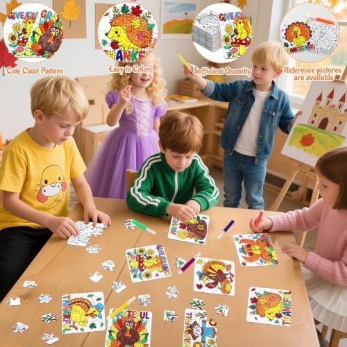 24Set Fall Thanksgiving Crafts for Kids Toddlers Adults, Thanksgiving Art Craft DIY Kit Blank Puzzle Pumpkin Turkey, Autumn Classroom Activities for Party Favors Gift Coloring Games Toys Supplies Bulk