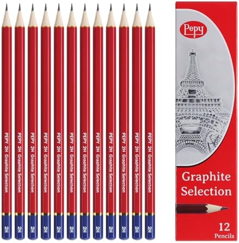 Pepy Graphite Professional Drawing Pencils - Set of 12 2H Pre-Sharpened Black Lead Pencils; Perfect for Drawing, Sketching and Shading, Graphic and Fine Art