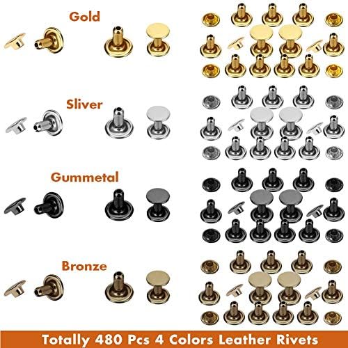Selizo 480 Sets Small Double Cap Leather Rivets 4 Colors 3 Sizes (Cap Diameter: 6mm/8mm/8mm) Tubular Metal Studs with 3 Pieces Setting Tool Kit for Leather Craft Repairs Decoration