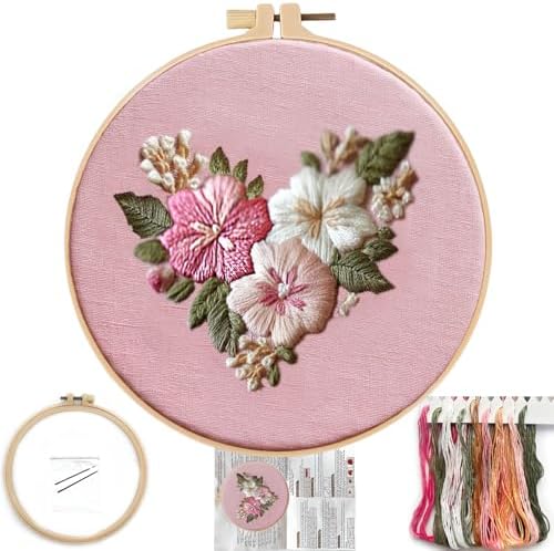 FONNUY I Love You Embroidery Kit for Beginners, Pre-Stamped Pattern Kits, Romantic Anniversary for Women Men, Valentine's Day Gifts Thread Needlework, 8'' Hoop (Love 04)