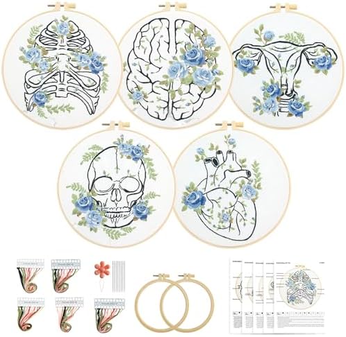 Kuabiz 5 Sets Skull Embroidery Kits for Beginners Anatomy Cross Stitch Kit for Adults Organ Embroidery Starter Kit Embroiderys Hoop Needlepoint Kits with Instruction Needles Threads for Doctors Gifts