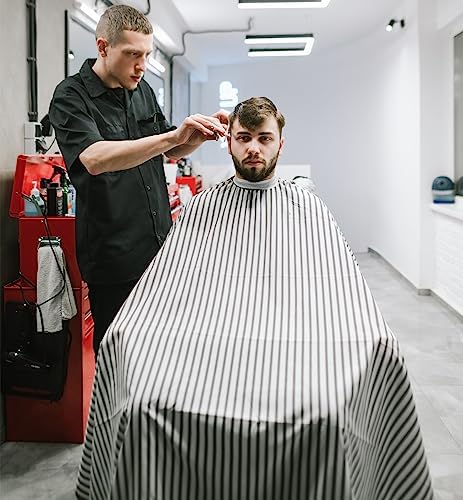 Professional Hair Cutting Cape with Neck Duster Brush, Large Size Salon Barber Cape for Men, Women and Kids(White with Five-line Stripe)