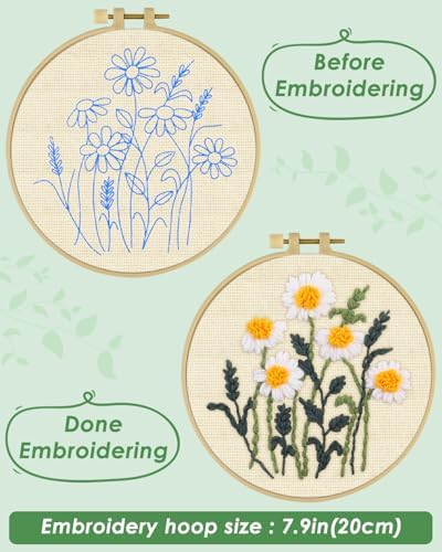 ERKOON Punch Needle Kit Beginners Adults, DIY Easy Flower Embroidery Set for Starter Art Craft, Needling Punching Project with Patterns, Tools, Yarns, Hoop, Instruction (Daisy)