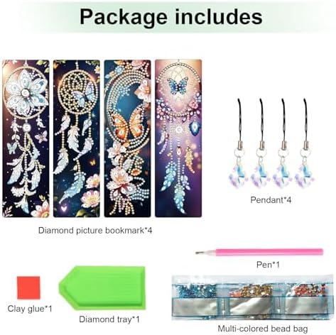 4 Pack Diamond Painting Bookmarks for Adults, 5D DIY Diamond Art Bookmark Kit with Tassels, Rhinestone Craft Supplies for Reading Lovers, Dreamcatcher & Butterfly Designs
