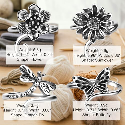 4 PCS Crochet Rings for Fingers Butterfly Flower Sunflower Dragonfly Yarn Tension Ring Knitting Accessories Crochet Gifts for Crocheters