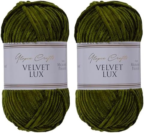 Velvet Lux Chenille Yarn for Crocheting and Knitting, 2 Pack Bulk Chunky Yarn, Super Soft Velvet Yarn for Amigurumi, Baby Blankets & Home Decor — 100g/120yds per Skein (Dark Olive)