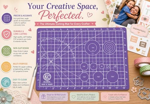 KC GLOBAL A4 (13"x9") Professional Grade Self-Healing Double-Sided PVC Cutting Mat (Purple) - Odor-Free, Eco-Friendly, Non-Slip, Premium Desk Mat for DIY, Crafting, Model Building and Art Projects