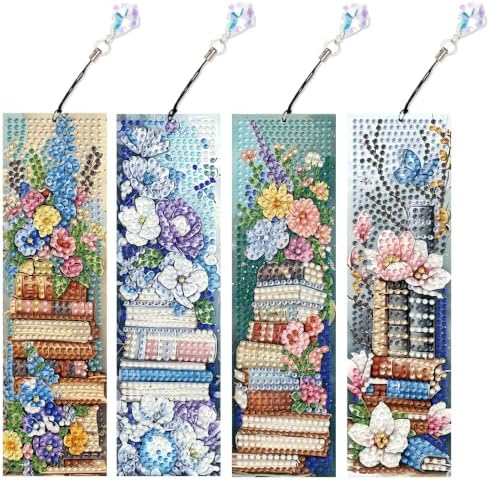 Mandun 4 Pcs Book Diamond Painting Bookmark Kits, Special Shaped Diamond Art Bookmarks with Pendant, DIY Flower Diamond Art Bookmarks with Tassels Crafts Gifts Supplies