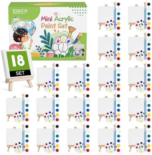 ESRICH 18 Set Mini Acrylic Paint Kit, Mini Stretched Canvas with Easel