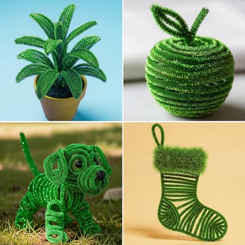 Caydo 200 Pieces Glitter Green Pipe Cleaners, Sparkly Chenille Stems Bulk for Flowers Bouquet, Leaves and Kids Arts & Crafts Projects Making