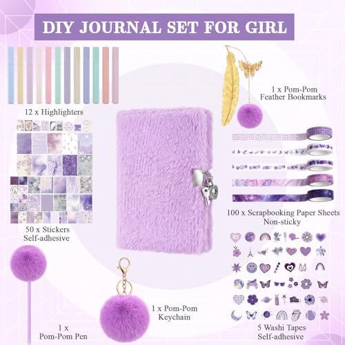 Janlaugh DIY Journal Diary with Lock Pack Scrapbook Kit, Purple, Plush | Stationery Diary Supplies, Scrapbook Supplies Art Crafts Kit for Birthday Holidays Ideal Gifts, Feather Bookmark Stickers