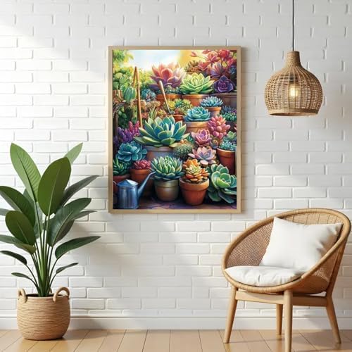 VeGuude Diamond Art Kits for Adults,Succulent Plants Diamond Paintings Kits for Beginners,5D DIY Full Round Drill Diamond Dot Gem Art Painting Kits,for Home Wall Decor 12x16 inch
