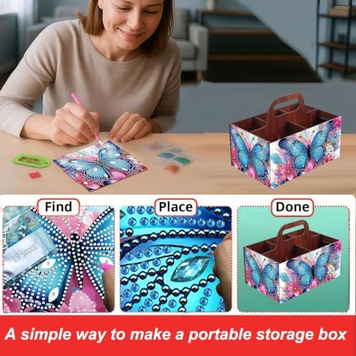 LSQFS Butterfly 5-Grid Wooden Diamond Painting Storage Box with Handle