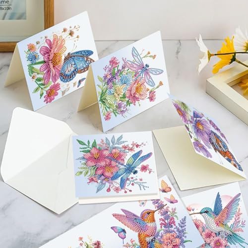 LazyFold 6 Pcs Diamond Painting Greeting Cards Kits for Adults,DIY Animals and Flowers Handmade Festival Greeting Cards withEnvelopes DIY Diamond Art Crafts Birthday Cards Creative Gift