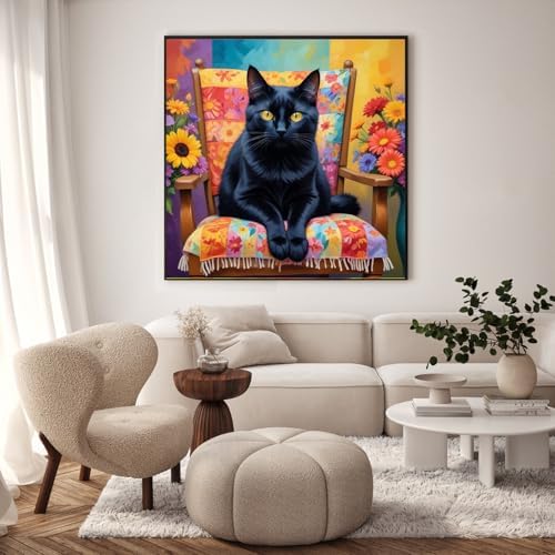 Paint by Numbers Kit for Adults, Black Cat Number Painting, 16 x 16 Inch | DIY Adult Paint by Number Kit on Canvas for Beginners, without Frame, Black Cat Wall Decor, Stress Relief Craft Gift