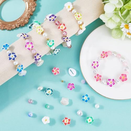 SUNNYCLUE 1 Box 174Pcs DIY 6 Sets Bracelet Making Kit Plumeria Flower Beads Polymer Clay Beads Summer Ocean Hawaiian Shell Bead Imitation Pearl Beads for Jewelry Making Kits Adult Women Gifts Supplies
