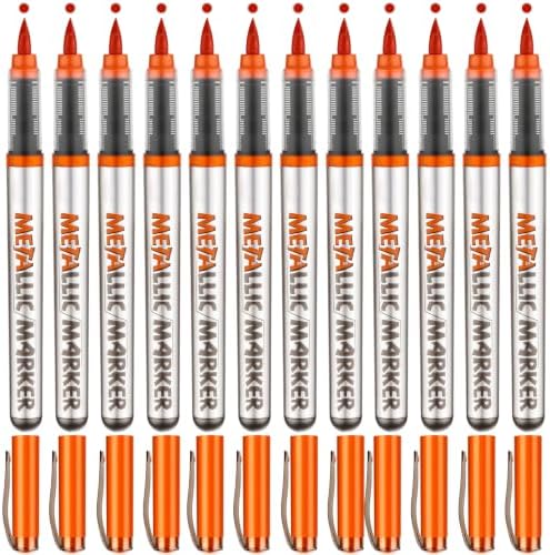 Metallic Acrylic Paint Markers, 12 Pcs Soft Brush Tip Marker Pens for Stone,Paper,Wood,Glass,Fabric Paint,DIY Crafts (12, Orange)