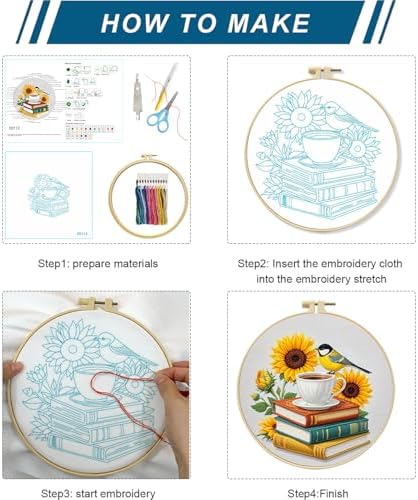 Zhenqing 4-Piece Floral Embroidery Kit for Beginners, Books Hot Air Balloon Wildflower Gramophone Needlework Set with Pre-Printed Fabric, Hoop & Threads (C0159)
