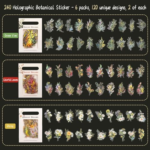Dizdkizd Holographic Flower and Leaf Sticker Set, 240 Foil Gold Botanical Scrapbook Sticker Small Transparent Floral Decals for Journal, Planner, Photo Album, Card