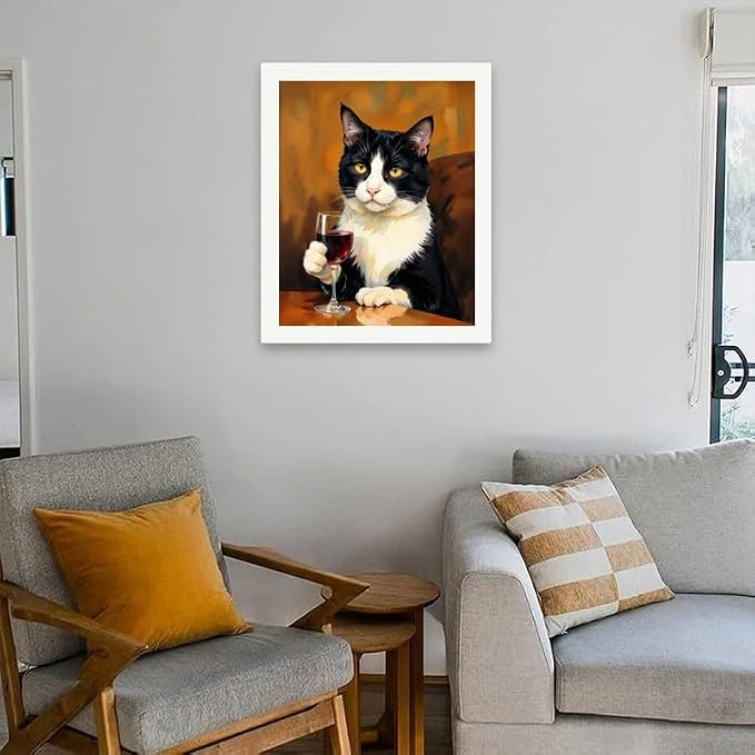 Tuxedo Cat Paint by Numbers Kit for Adults - DIY Black and White Cat with Wine Painting on Canvas 16x20In, Acrylic Paint Set, Suitable for Beginners, Art for Home Decoration or Gifts