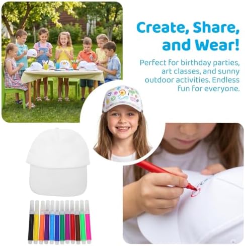 SHINEOFI 12pcs Kids White Baseball Caps Bulk DIY Plain Blank Caps with 12pcs Coloring Pens Painting Hats for Kids Birthday Parties Art Crafts Outdoor Activities