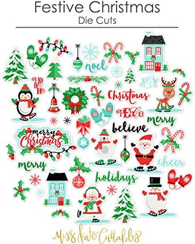 Paper Die Cuts - Festive Christmas - Holiday Scrapbook Embellishments - 60+ Cardstock Die Cuts Scrapbooking Card Making Journaling - Santa Snowman Penguin Reindeer Noel Merry - by Miss Kate Cuttables