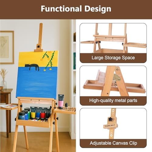 Wooden H-Frame Studio Easel with Storage Drawer and Palettes,Natural | Solid Beechwood Painting Easel for Students, Beginners, and Artists, Hold Canvas to 36Inches High