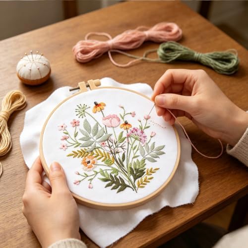 Silentsea Floral Embroidery Kit for Beginners – All-in-One DIY Stitching Set with Pre-Printed Fabric, Hoop & Threads – Perfect for Relaxing Craft Lovers.